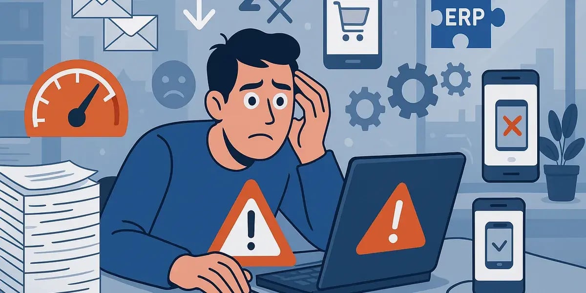 Illustration eines überforderten Mannes am Laptop mit Warnsymbolen, Papierstapel und Icons für E-Commerce, ERP und Systemfehler.