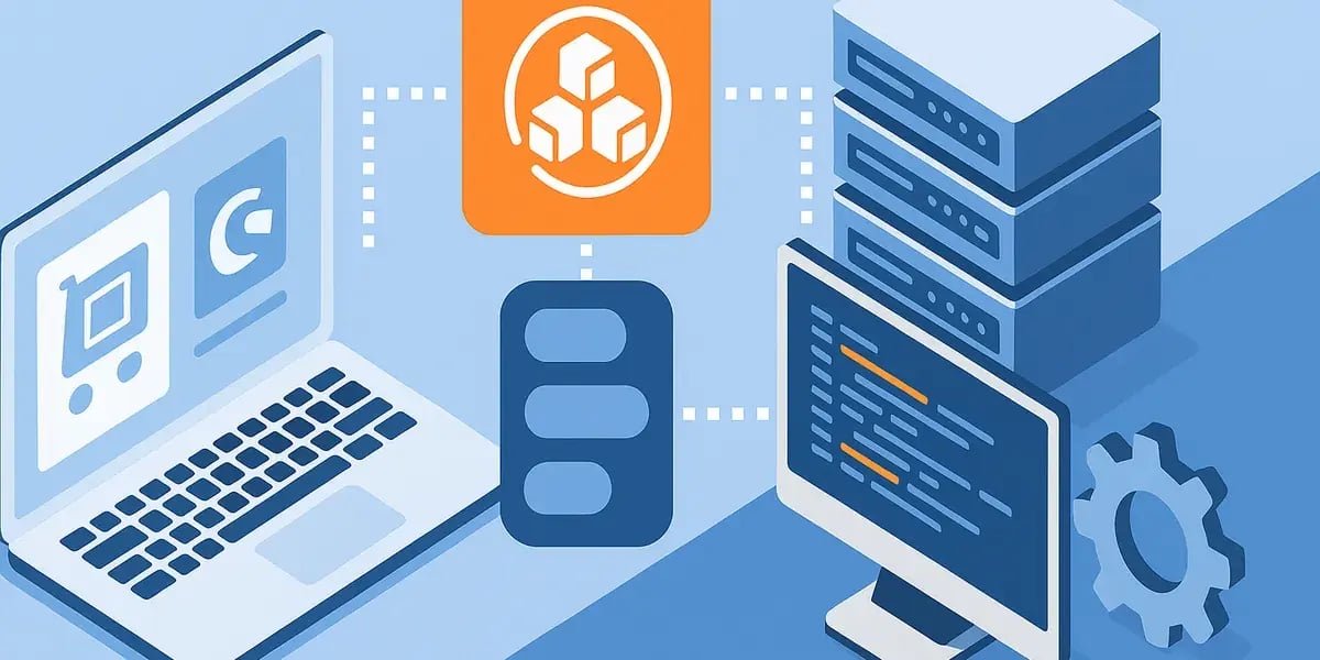 Illustration einer Systemintegration mit Laptop, Servern und Code-Monitor, verbunden über ein zentrales Plattform-Icon.