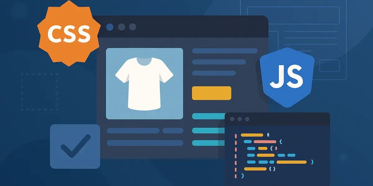 Illustration einer Shopware-Storefront mit Produktseite und daneben Codefenster sowie JS- und CSS-Logos.