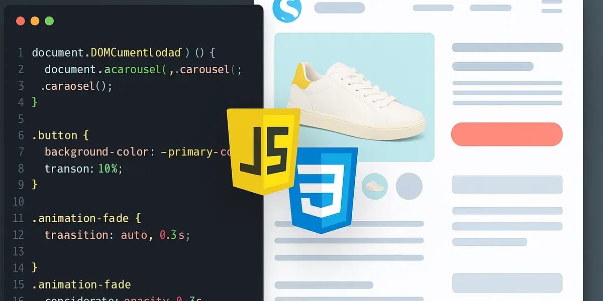Illustration einer Web-Produktseite mit T-Shirt, JavaScript- und CSS-Symbolen sowie Code-Editor im Hintergrund.