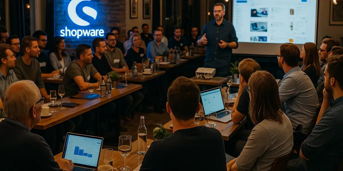 Shopware-Meetup in gemütlicher Location: Sprecher präsentiert vor Publikum, links leuchtet ein großes Shopware-Logo.