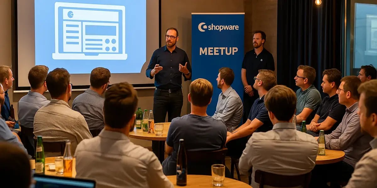 Vortrag auf einem Shopware-Meetup: Referent spricht vor einer Gruppe, neben ihm ein ‚Shopware Meetup‘-Banner und eine Präsentationsfolie.