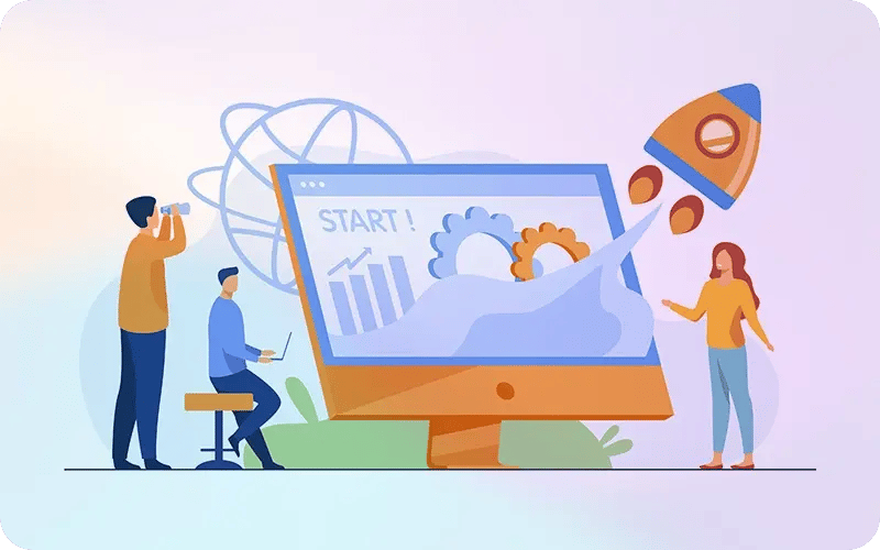 Illustration eines Teams, das den Start eines Projekts vorbereitet, gezeigt durch einen großen Monitor mit Zahnrädern, einer Rakete und Aufwärtsdiagramm.