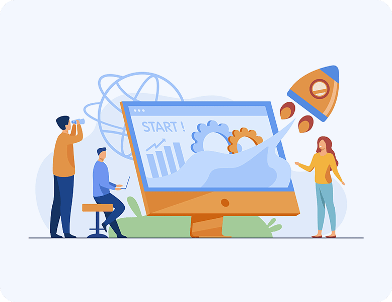 Illustration eines Startup-Team vor einem Bildschirm mit Diagrammen, daneben startet eine Rakete.