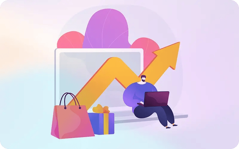 Illustration einer Person mit Laptop vor einem Bildschirm mit aufsteigender Wachstumskurve, umgeben von Einkaufstasche und Geschenk – Symbol für eCommerce-Wachstum.