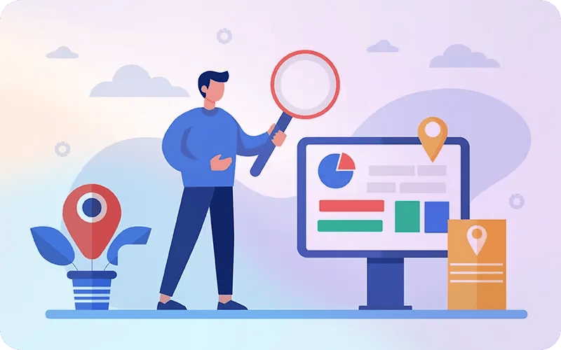 Illustration einer Person mit Lupe vor einem Monitor mit Diagrammen und Standortsymbolen, als Darstellung für Analyse und Lokalisierung.