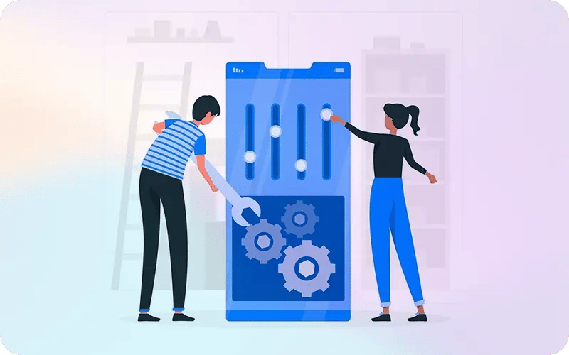 Illustration zweier Personen, die Einstellungen und Zahnräder an einem großen digitalen Bedienpanel anpassen – Symbol für Systemoptimierung.