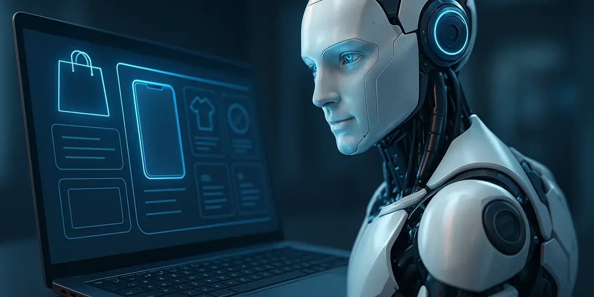Humanoider Roboter analysiert ein E-Commerce-Dashboard auf einem Laptop – Symbol für KI-gestützten Onlinehandel.