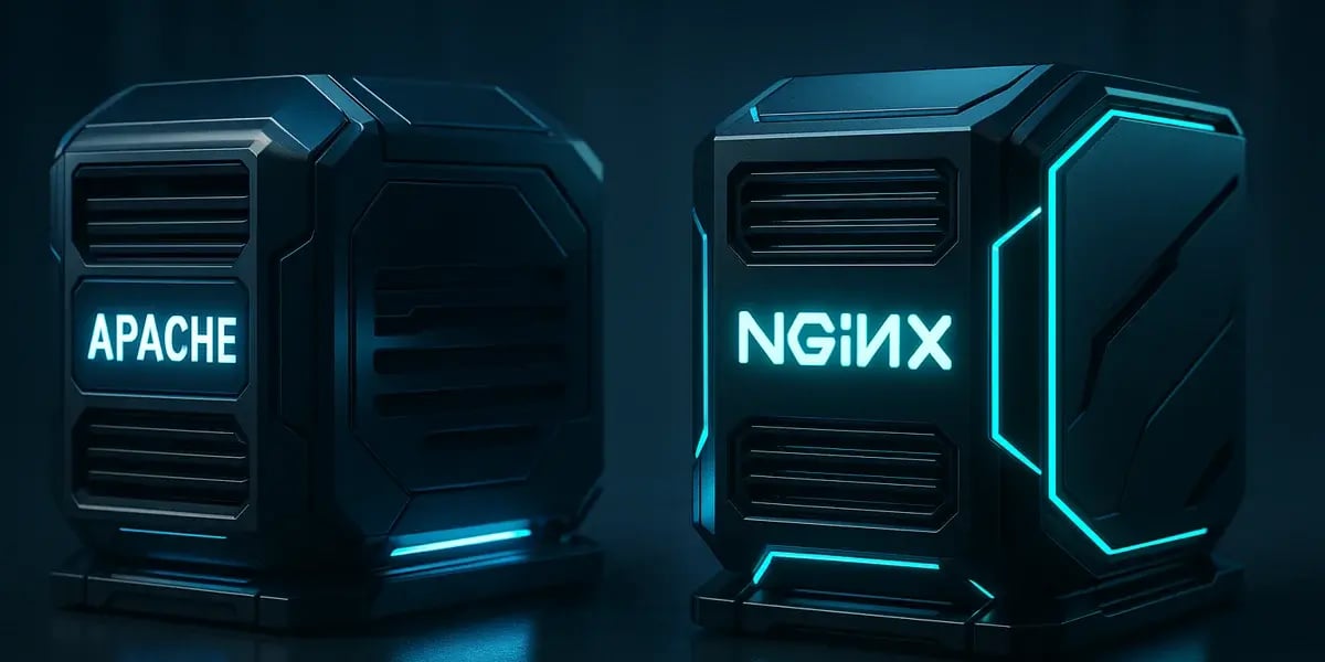 Zwei leuchtende Servergeräte mit den Beschriftungen „Apache“ und „Nginx“ als Symbol für technologische Gegenüberstellung.