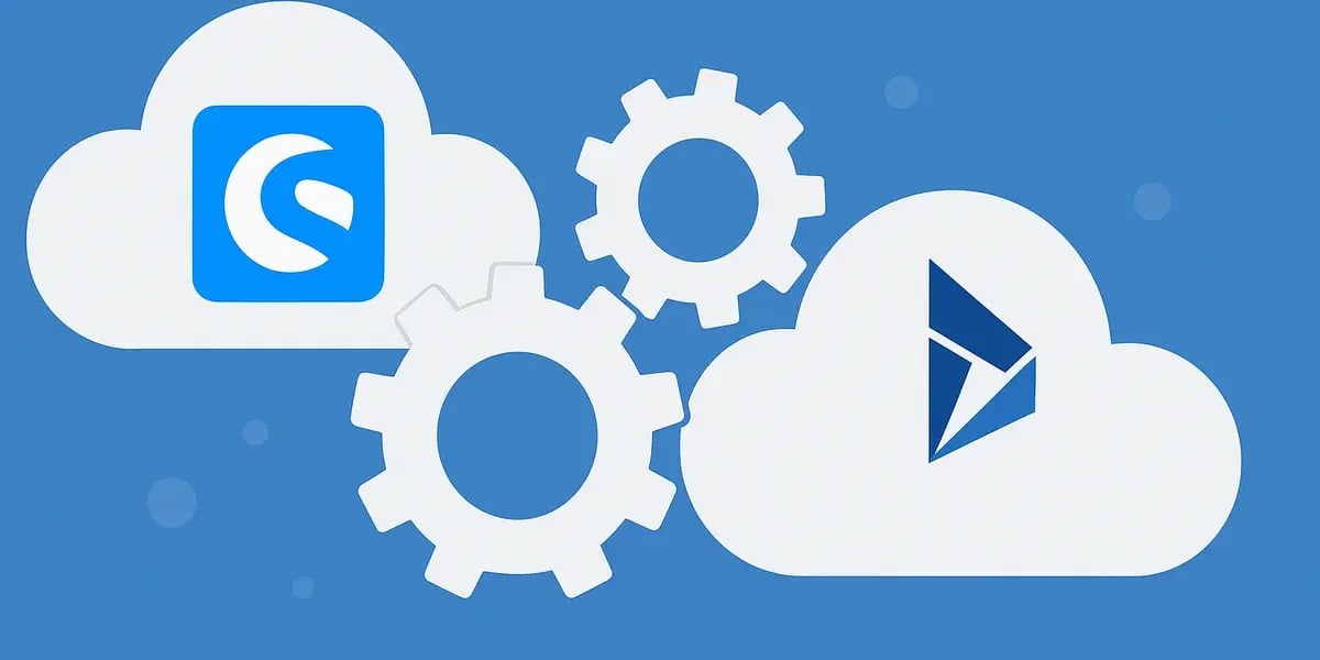 Cloud-Integration zwischen Shopware und Microsoft Dynamics, verbunden durch Zahnräder auf blauem Hintergrund.