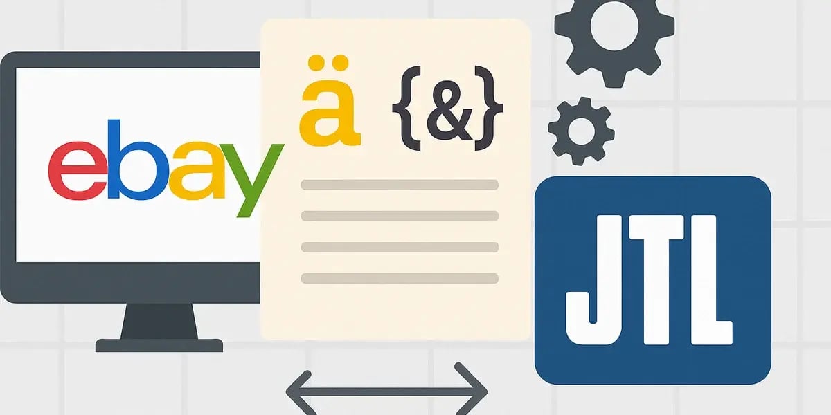 Darstellung der Datenübertragung zwischen eBay und JTL mit Sonderzeichen, Code-Symbolen und Zahnrädern.
