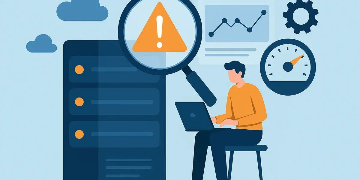 Illustration eines IT-Spezialisten bei der Analyse eines Serverproblems, dargestellt durch ein Warnsymbol unter einer Lupe, mit Grafiken und Einstellungen im Hintergrund.
