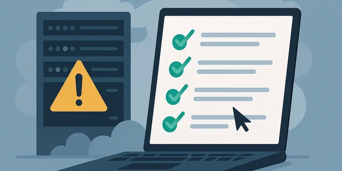 Symbolische Darstellung der Problemlösung in der Serverumgebung – mit einem Warnsymbol auf dem Server und einem Laptop mit Checkliste und grünem Haken.