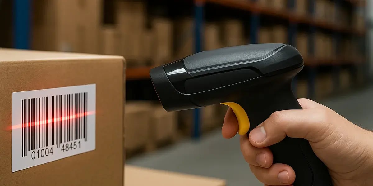 Hand mit Barcode-Scanner scannt ein Paket im Lagerregal mit rotem Laserstrahl auf dem Etikett.