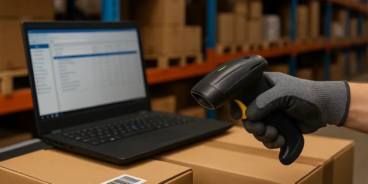 Lagerarbeiter scannt Paket mit Barcode-Scanner, während ein Laptop mit Bestandsdaten im Hintergrund sichtbar ist.
