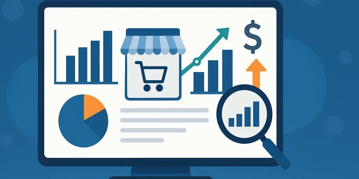 Monitor mit E-Commerce-Analyse, inklusive Balken-, Kreis- und Liniendiagrammen sowie Wachstumssymbolen und einer Lupe.