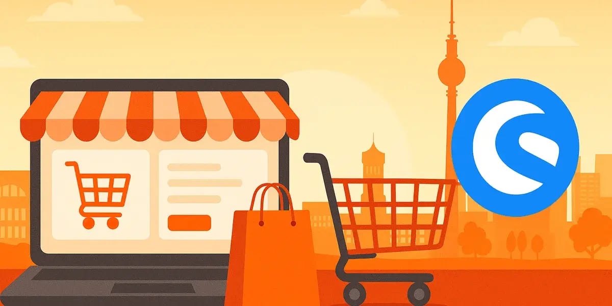 Illustration eines Online-Shops mit Einkaufswagen und Shopware-Logo vor der Berliner Skyline bei Sonnenuntergang.