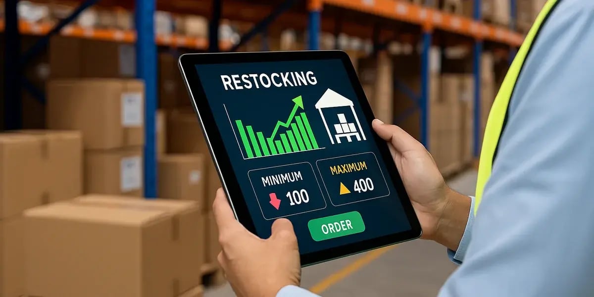 Person mit Tablet im Lager prüft Nachbestellmengen anhand von Mindest- und Maximalwerten auf einem digitalen Dashboard.