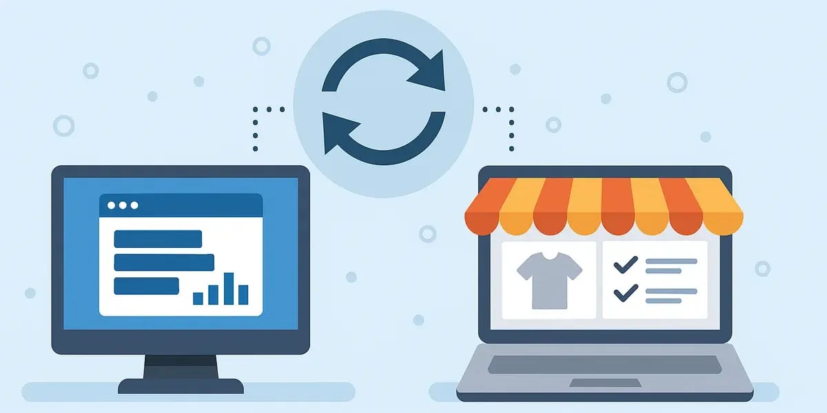 Symbolische Darstellung der Synchronisation zwischen Warenwirtschaftssystem und Onlineshop über zwei verbundene Monitore.