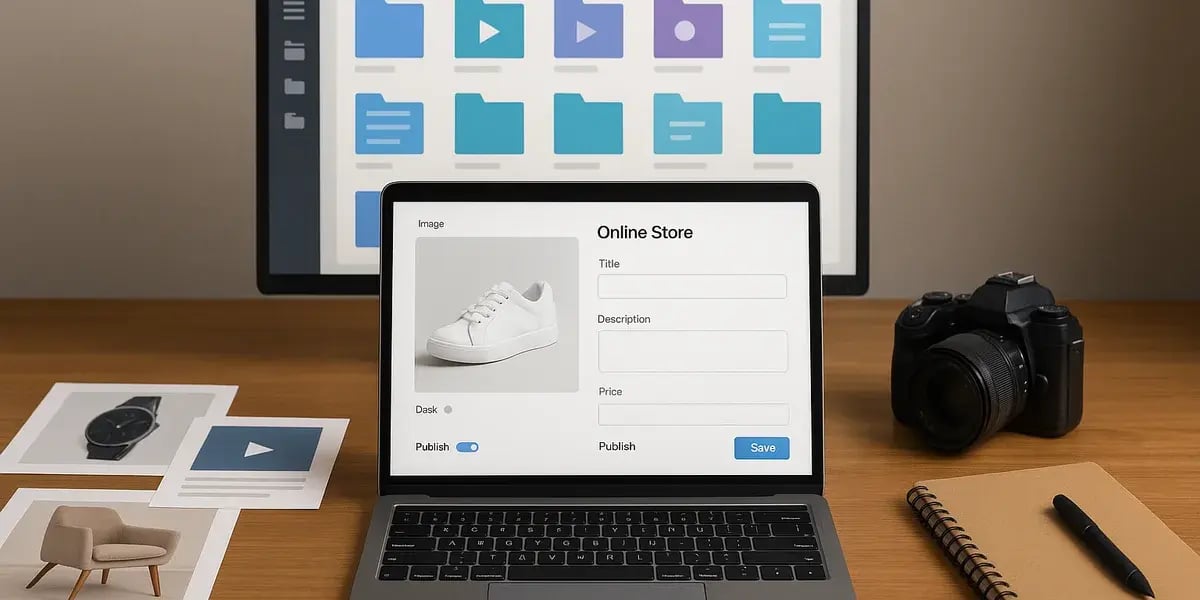 Laptop mit geöffneter Produktverwaltung eines Online-Shops, im Hintergrund ein Bildschirm mit Dateisymbolen, auf einem Schreibtisch mit Kamera und Notizbuch.
