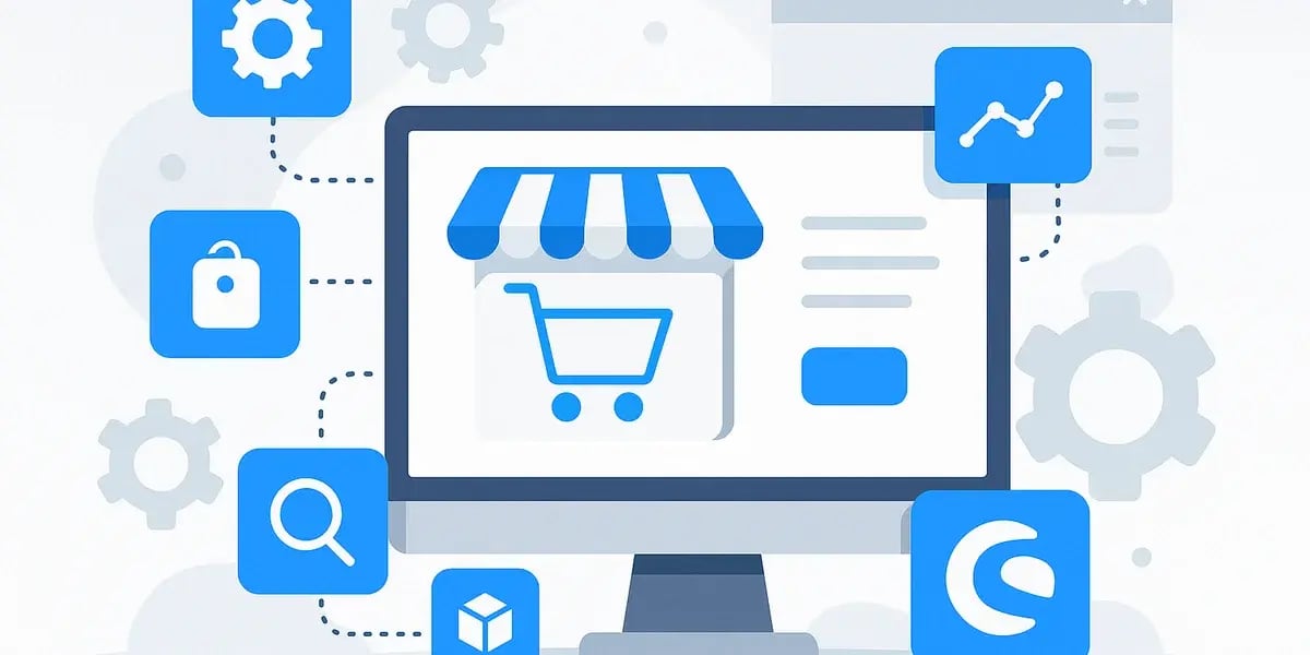 Illustration eines Onlineshops auf einem Monitor mit Einkaufstasche, Prozentzeichen und anderen E-Commerce-Symbolen in Blau.