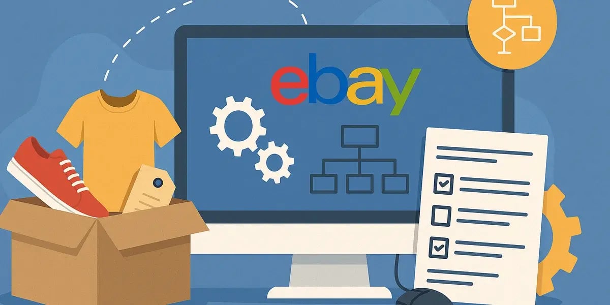 Monitor mit eBay-Logo, Zahnrädern und Kategoriestruktur, daneben ein offener Versandkarton mit Kleidung sowie eine Checkliste.