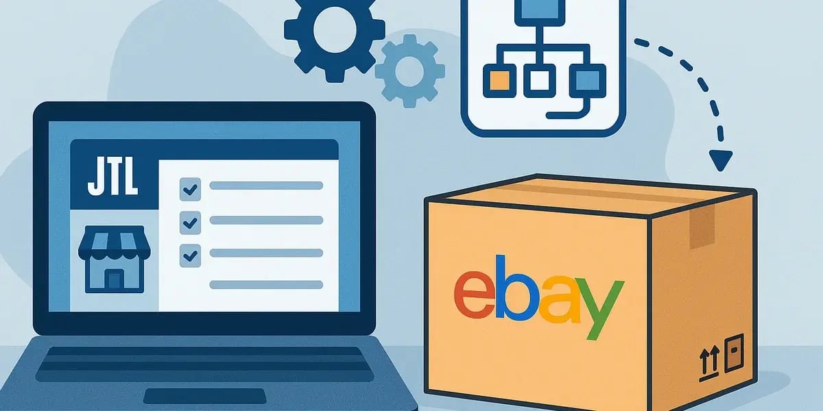 Darstellung des JTL-Systems auf einem Laptop, das Produktdaten an eine eBay-Versandbox überträgt, begleitet von Zahnradsymbolen und Diagrammen.