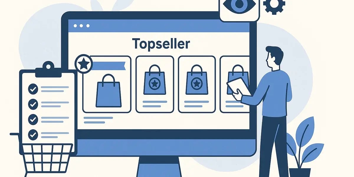 Illustration eines Onlineshops mit Topsellern und Einkaufsliste.