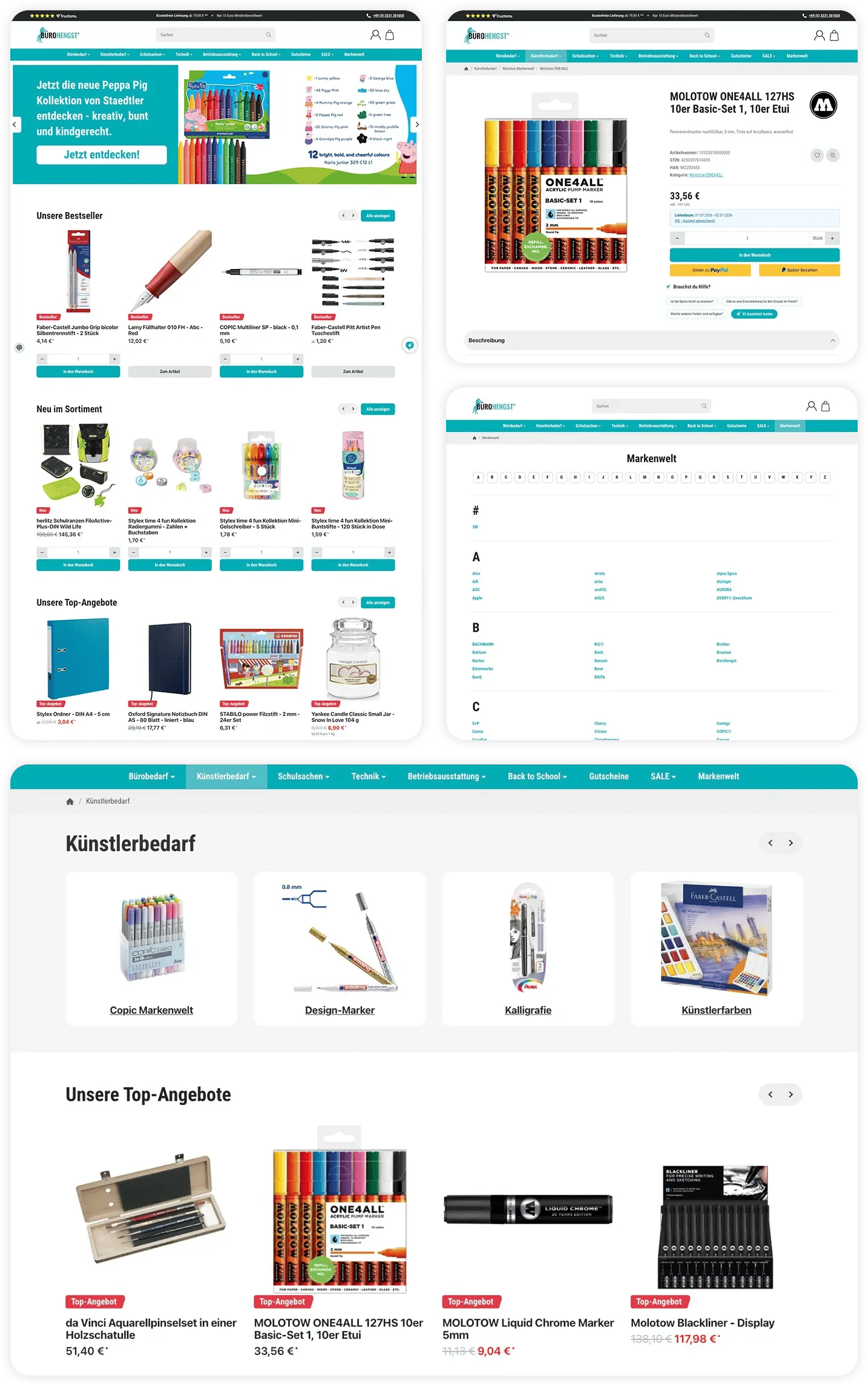 Ansicht der Startseite, Artikelseite, Markenwelt und Kategorieliste im Bürohengst Webshop Ansicht der Startseite, Artikelseite, Markenwelt und Kategorieliste im Bürohengst Webshop