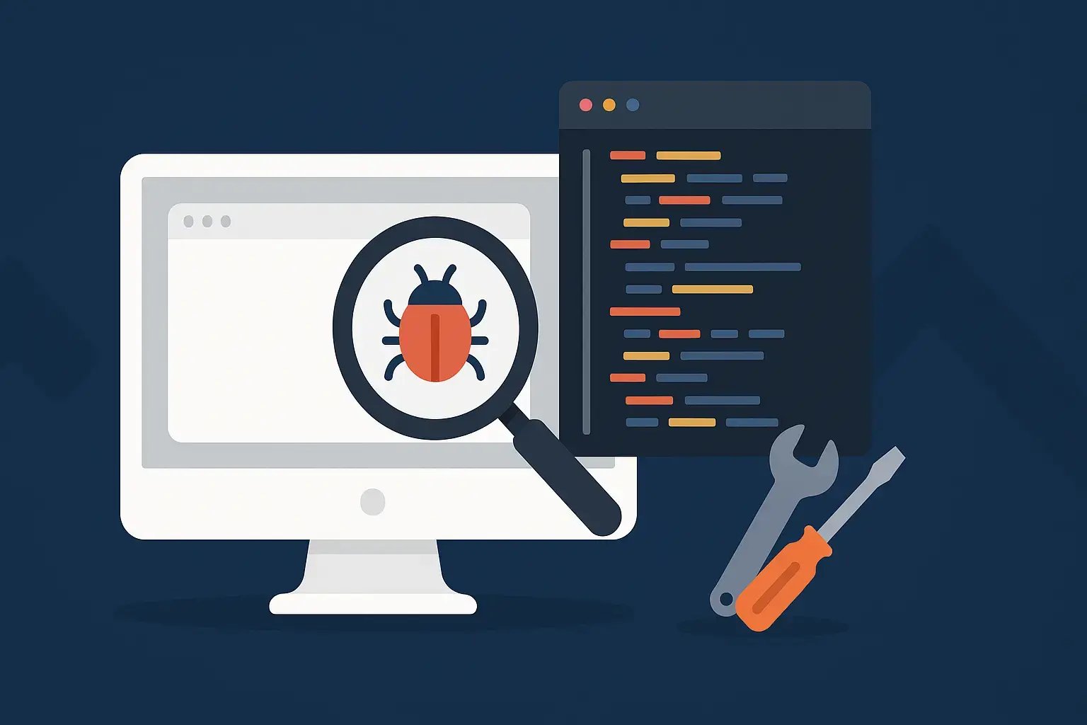 Grafische Darstellung eines Bugs auf einem Computerbildschirm mit Werkzeugen für die Fehlersuche.