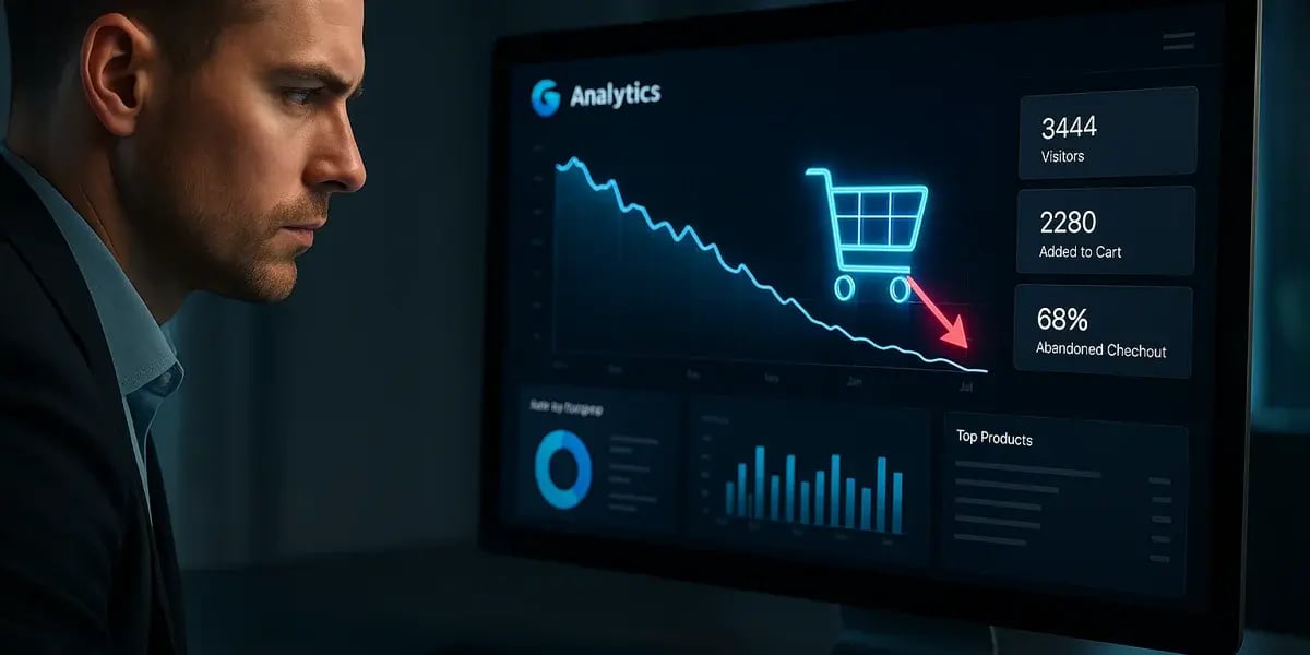 Mann analysiert auf Monitor Einkaufsstatistiken mit sinkender Kurve und Warenkorb-Icon – Darstellung von Warenkorbabbrüchen im Onlinehandel.