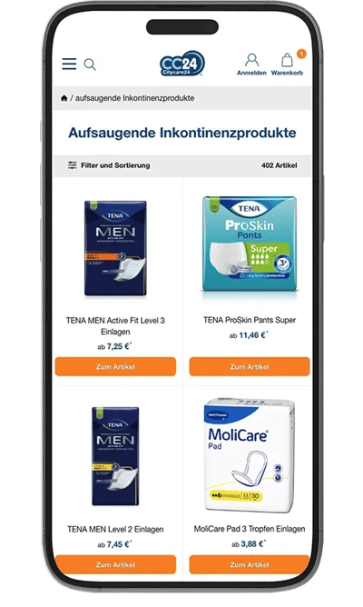 Kategorie-Ansicht des Citycare24 Webshops auf einem Smartphone