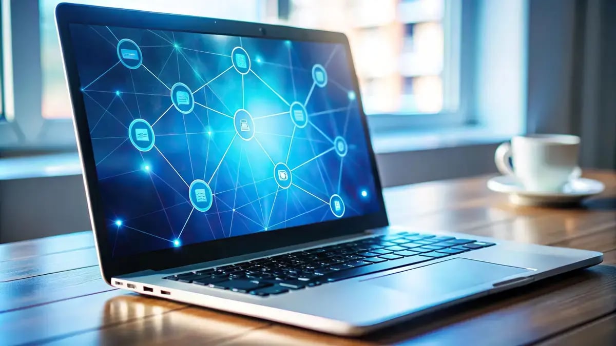 closeup-shot-laptop-screen-displaying-generic-grey-interface-with-subtle-blue-lines-icons-software-workspace-keyboard-technology