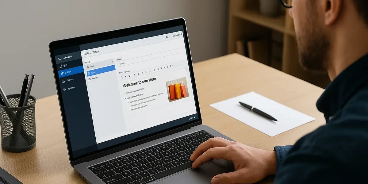 Mann arbeitet am Laptop in einem Content-Management-System und bearbeitet eine Willkommensseite.