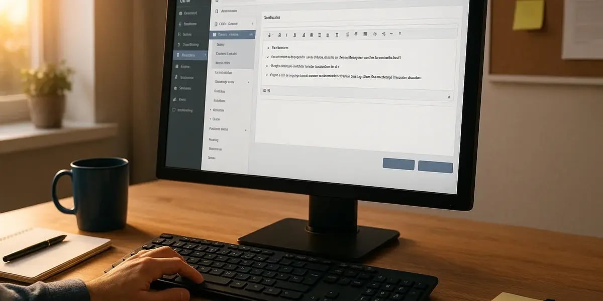 Person bearbeitet Inhalte in einem Content-Management-System auf einem Desktop-Monitor bei warmem Abendlicht.