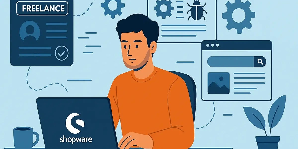Illustration eines Freelancers, der am Laptop mit Shopware-Logo arbeitet, umgeben von Symbolen für Software-Entwicklung und Projektmanagement.