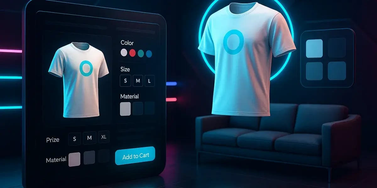 Weißes T-Shirt mit blauem Kreislogo, daneben digitale Produktansicht auf Bildschirm mit Auswahloptionen für Farbe, Größe und Material.