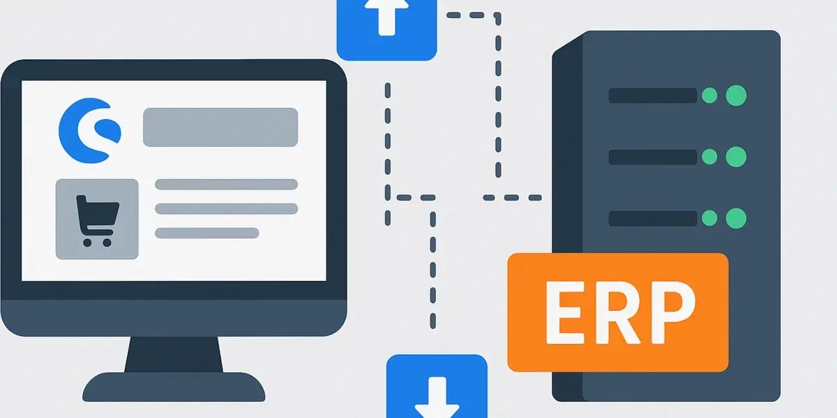 Schematische Darstellung der Anbindung eines Online-Shops an ein ERP-System mit Datenfluss-Symbolen
