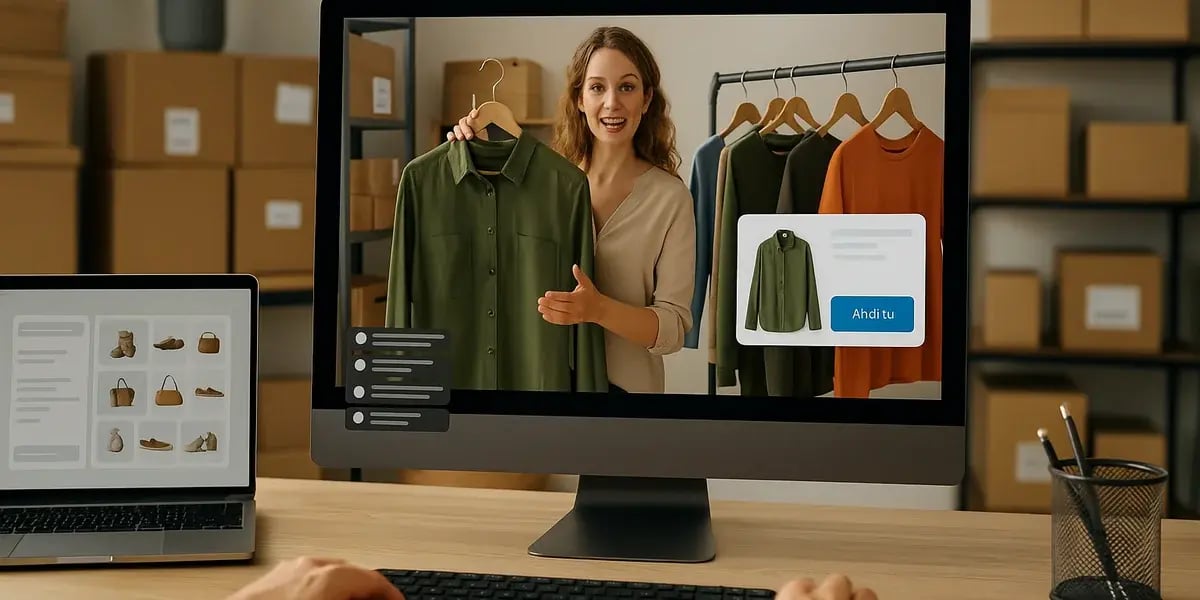 Frau zeigt ein grünes Hemd in einem Livestream für E-Commerce, sichtbar auf einem Monitor mit eingeblendeten Produktinformationen.