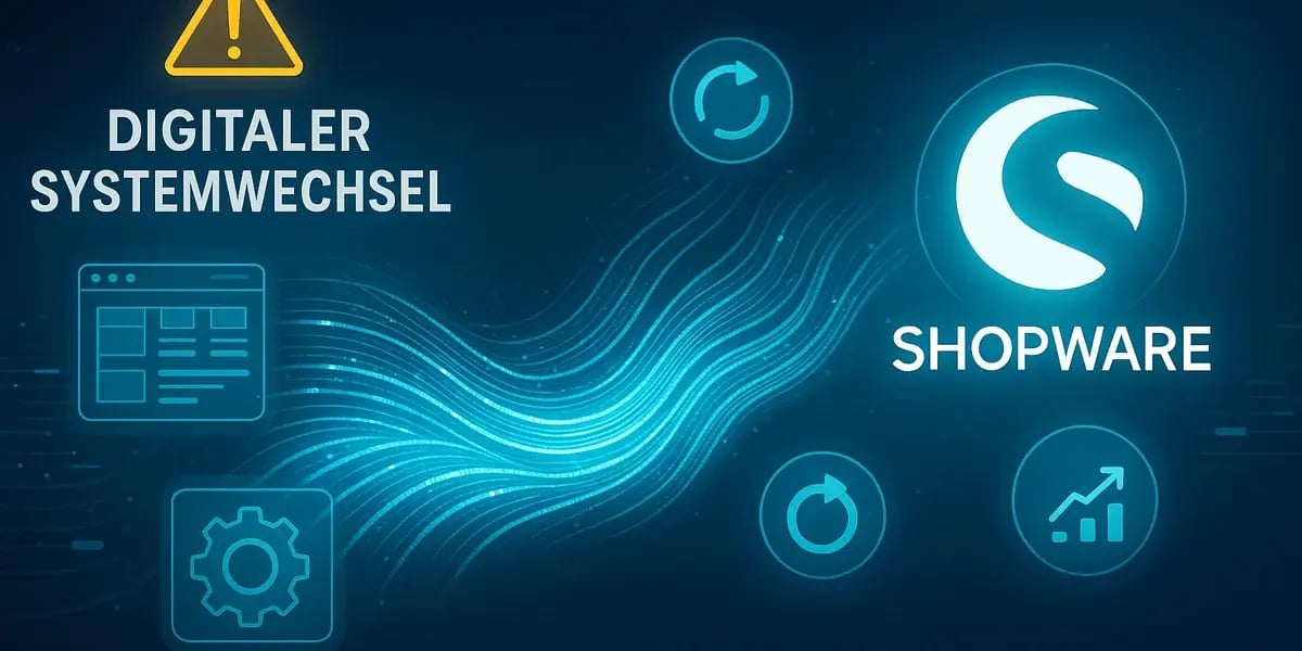 Digitale Grafik mit dem Schriftzug „Digitaler Systemwechsel“ und dem Shopware-Logo, umgeben von Icons für Synchronisierung, Fortschritt und Optimierung.