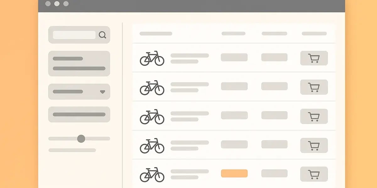 Illustration einer Produktliste in einem Online-Shop mit Fahrradsymbolen, Such- und Filterfunktionen sowie Warenkorb-Icons.