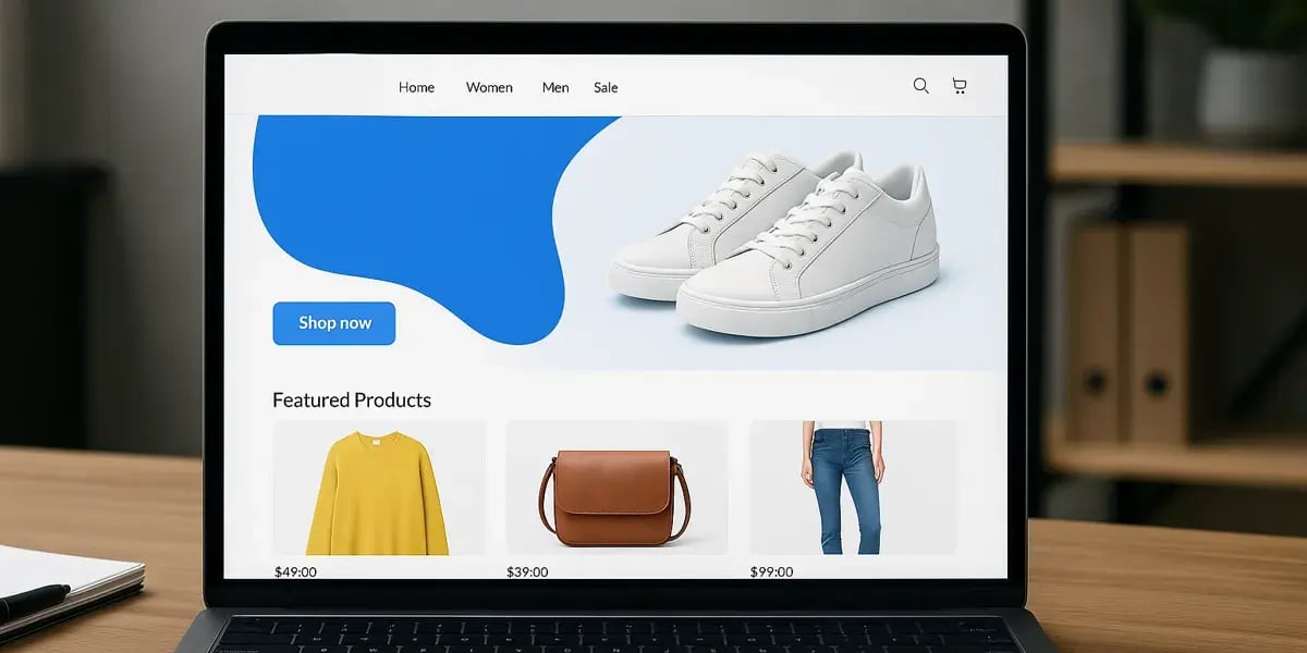 Ein geöffneter Laptop zeigt die Benutzeroberfläche eines modernen Online-Shops mit Navigation, Produktslider und hervorgehobenen Artikeln wie Sneakern, Pullover, Tasche und Jeans.