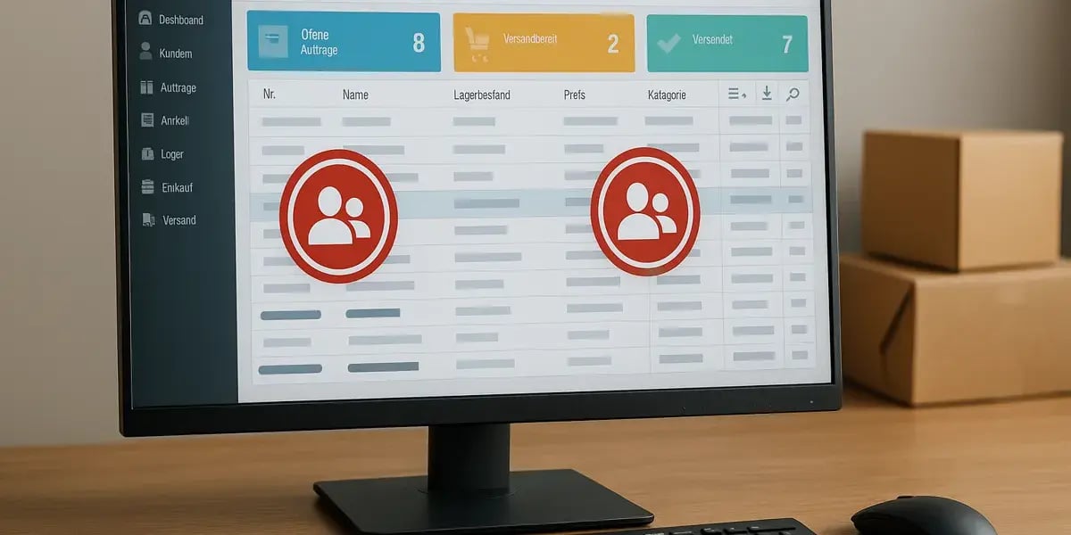 Monitor mit ERP-Oberfläche und hervorgehobenen Benutzersymbolen zur Verwaltung oder Sperrung von Kundendaten.