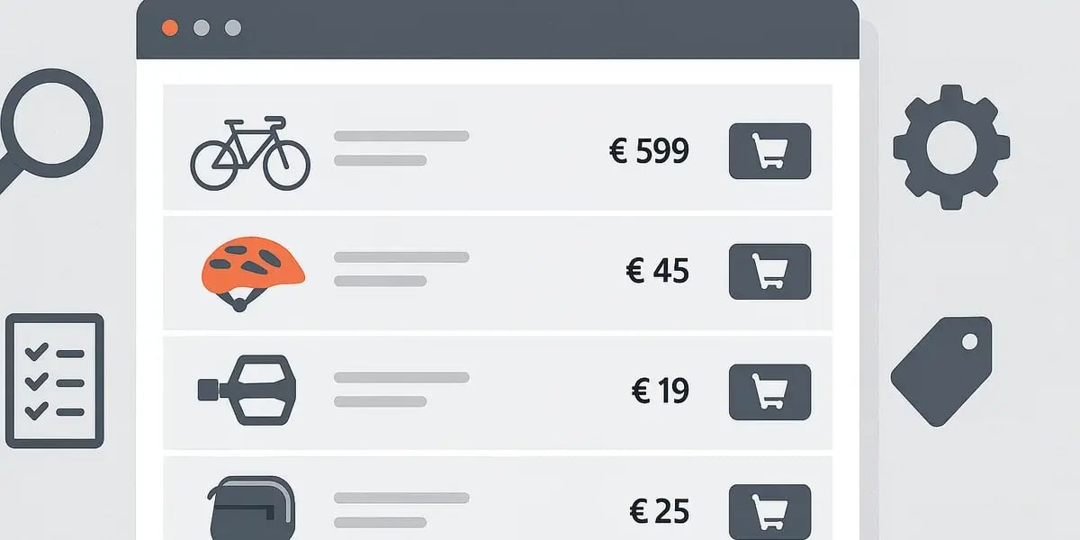 Illustration eines E-Commerce-Produktkatalogs mit Fahrrad und Zubehör wie Helm, Pedale und Tasche, jeweils mit Preis und Warenkorb-Button.