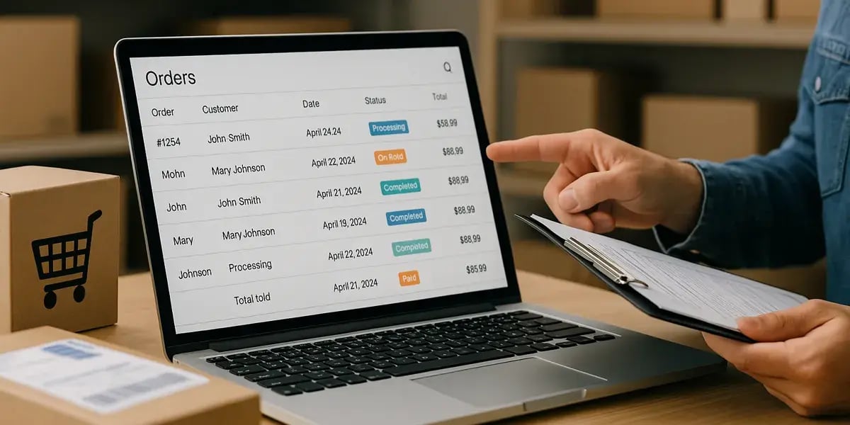 Eine Person überprüft Bestellungen in einem Onlineshop über ein Laptop-Interface. Die Übersicht zeigt Aufträge mit Status wie „Processing“, „On Hold“ und „Completed“. Im Hintergrund befinden sich Versandkartons.