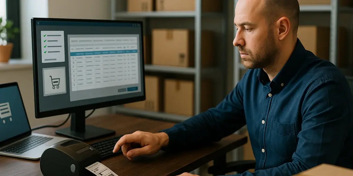 Mann arbeitet im Lagerbüro am Computer, während ein Etikettendrucker ein Versandlabel ausgibt.