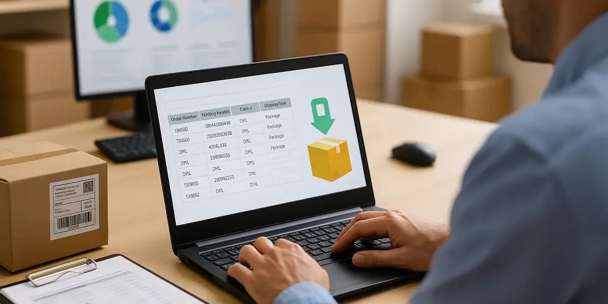 Mitarbeiter bearbeitet Versand- und Bestelldaten am Laptop im Lager, um Pakete vorzubereiten.