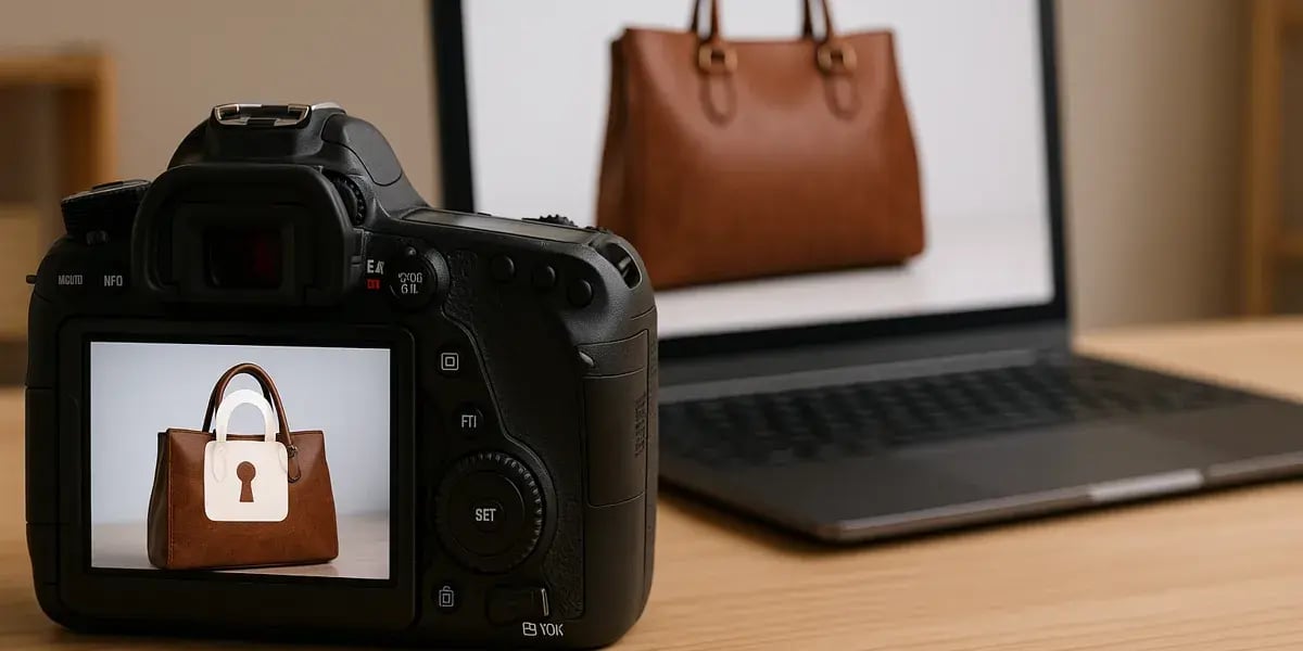 Digitalkamera fotografiert eine braune Handtasche, die auf dem Laptop-Bildschirm groß dargestellt ist – Fokus auf Produktabbildung.