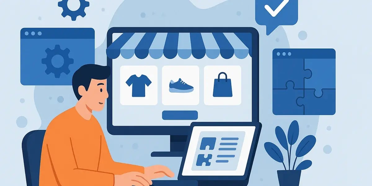 Illustration eines Mannes, der an Laptop und Monitor arbeitet, während auf dem Bildschirm ein Online-Shop mit Kleidung, Schuhen und Taschen dargestellt ist.