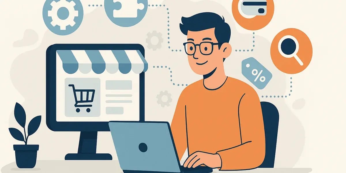 Illustration eines Entwicklers, der an Laptop und Monitor sitzt, auf denen ein Online-Shop mit Warenkorb und E-Commerce-Symbolen angezeigt wird.